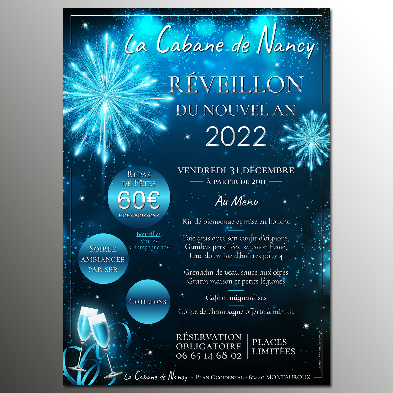Affiche pour le Réveillon du Jour de l'An 2022 à la Cabane de Nancy